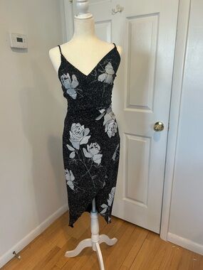 Hourglass Black Sparkle Slip Midi Dress with White Rose Print